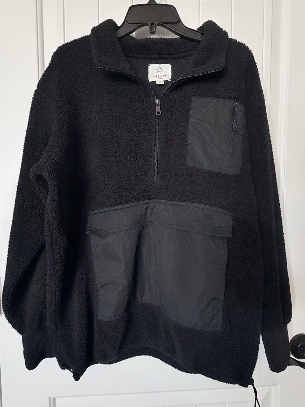 Offline by Aerie Black Sherpa Fleece Quarter Zip Pullover M Oversized Utility